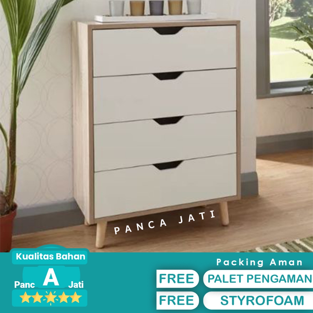 Drawer Pakaian Nakas Minimalis Warna Serat Kayu dan Putih