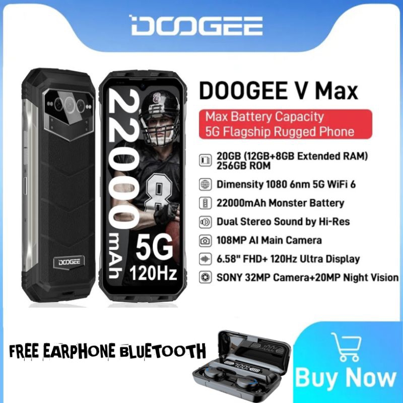 Doogee V Max 5G Nfc Dualsim 20/256GB Dimensity 1080 20,000mah anti air dan debu