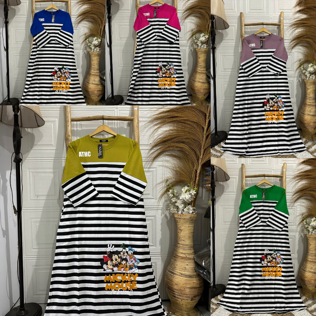 GAMIS SALUR GARIS-GARIS HITAM MOTIF MICKEY MOUSE//GAMIS TERMURAH//GAMIS BY NABIL//BISA COD