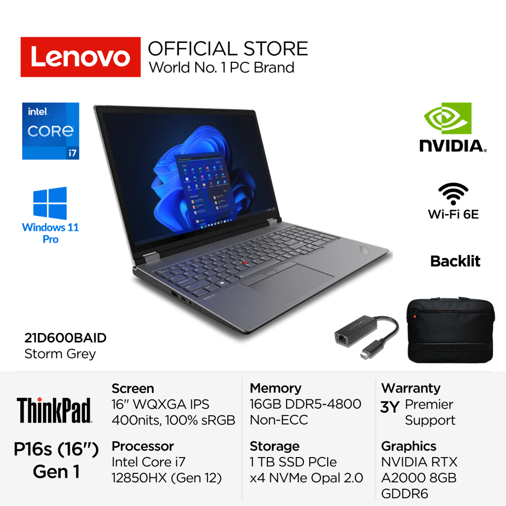 Lenovo ThinkPad P16 Gen 1 BAID Intel Core i7 12850HX vPro Win11 Pro 16GB 1TB SSD Opal 2.0 NVIDIA RTX A2000 8GB 16" WQXGA IPS Antiglare 100% sRGB  FHD 1080p + IR  Backlit Fingerprint Laptop Bisnis Mobile Workstation 16inch 21D600BAID Grey Garansi Resmi