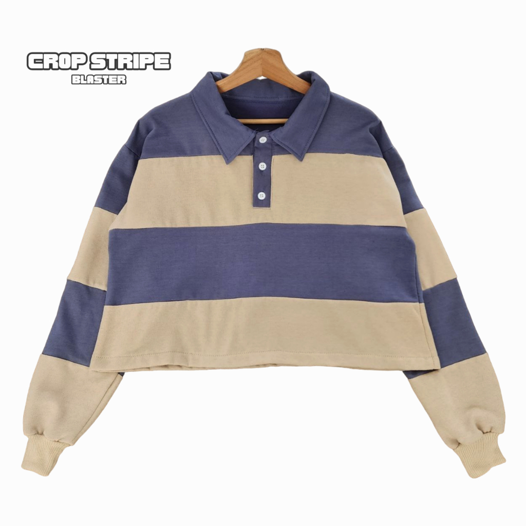 Terbaru Sweater Crop Belang-Belang Jaket Wanita Croope Strip Berkerah PopBlaster Pasangan Korea Styl