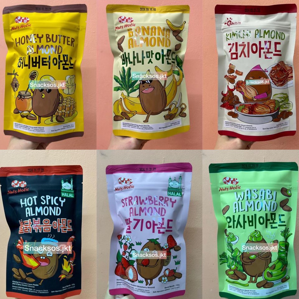 

Ready BIG 18G NUTS HOLIC HONEY BUTTER ALMOND STRAWBERRY ALMOND KIMCHI ALMOND BANANA ALMOND HOT SPICY ALMOND WASABI ALMOND