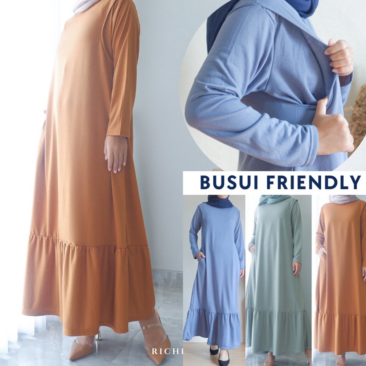 Baju Gamis Menyusui Harian Bukaan Samg Kanan Kiri Bahan Babyterry  BUSUI PLAIN RUFFLE 11