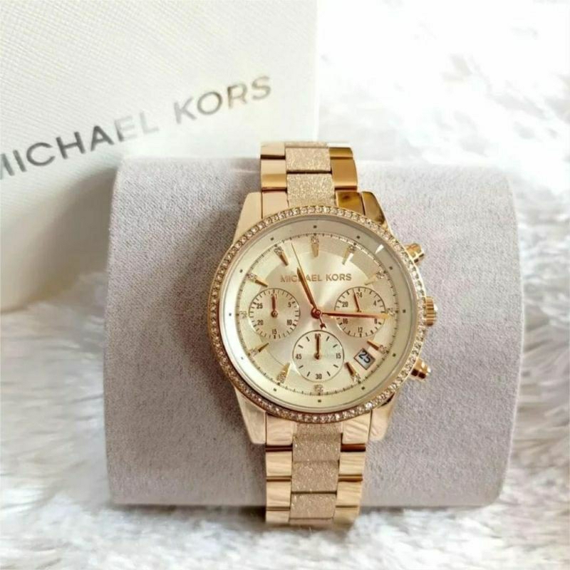 [ORlGlNAL-GARANSI 2TH ] Jam Tangan Wanita 6597 Mk6597 Gold Kombinasi Fullset Box Paper Bag