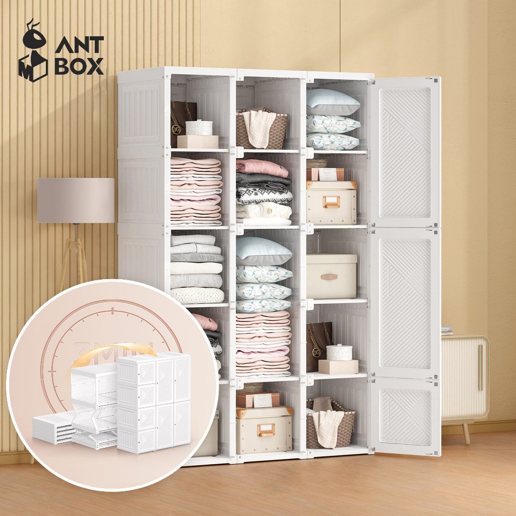 ANTBOX Lemari Pakaian Putih Ready Stock 6-14 BOX Wardrobe Minimalis Pintu Magnet Rangka Lipat