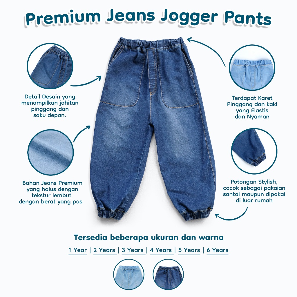 Nice Kids - Premium Jeans Jogger Baby Kids Pants Celana Anak Unisex (Size 1-6 Tahun) Bawahan Anak Laki-Laki Perempuan Denim
