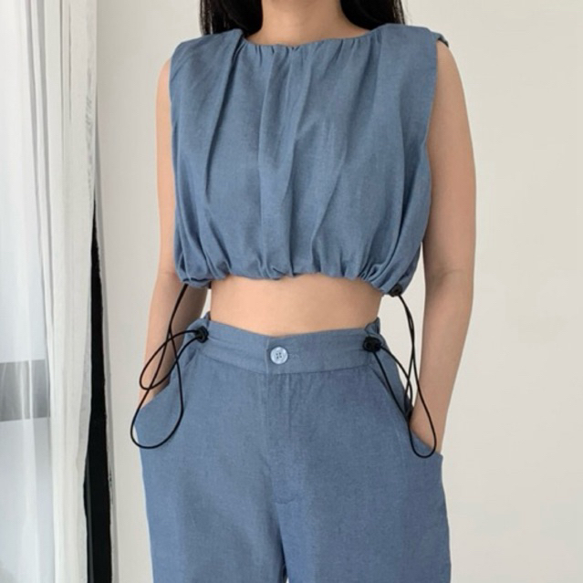 Gratia Collection - Gretta Crop Top | Atasan Crop Top Denim | Baloon Crop Top Denim