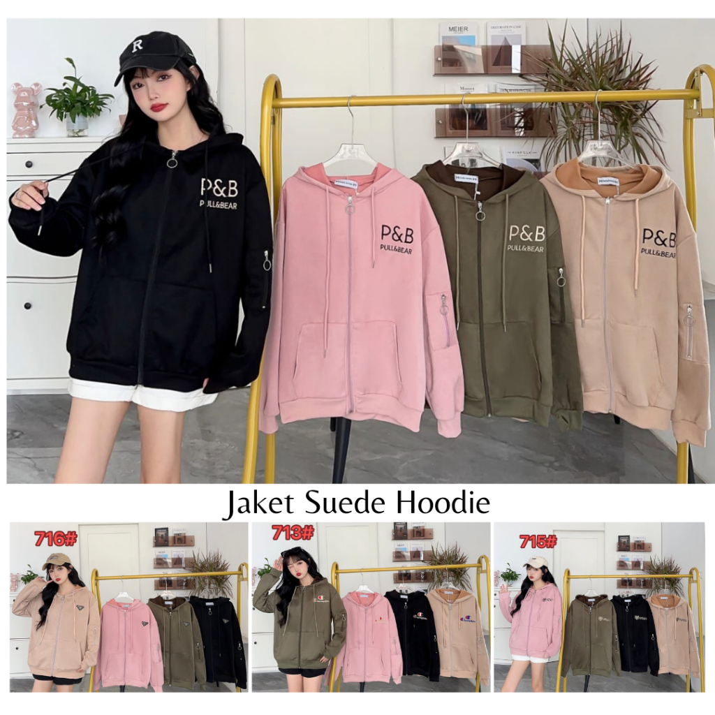 Jaket Suede Hoodie Wanita Terbaru Variasi Tangan Resleting Saku 711 / 713 / 715 / 716