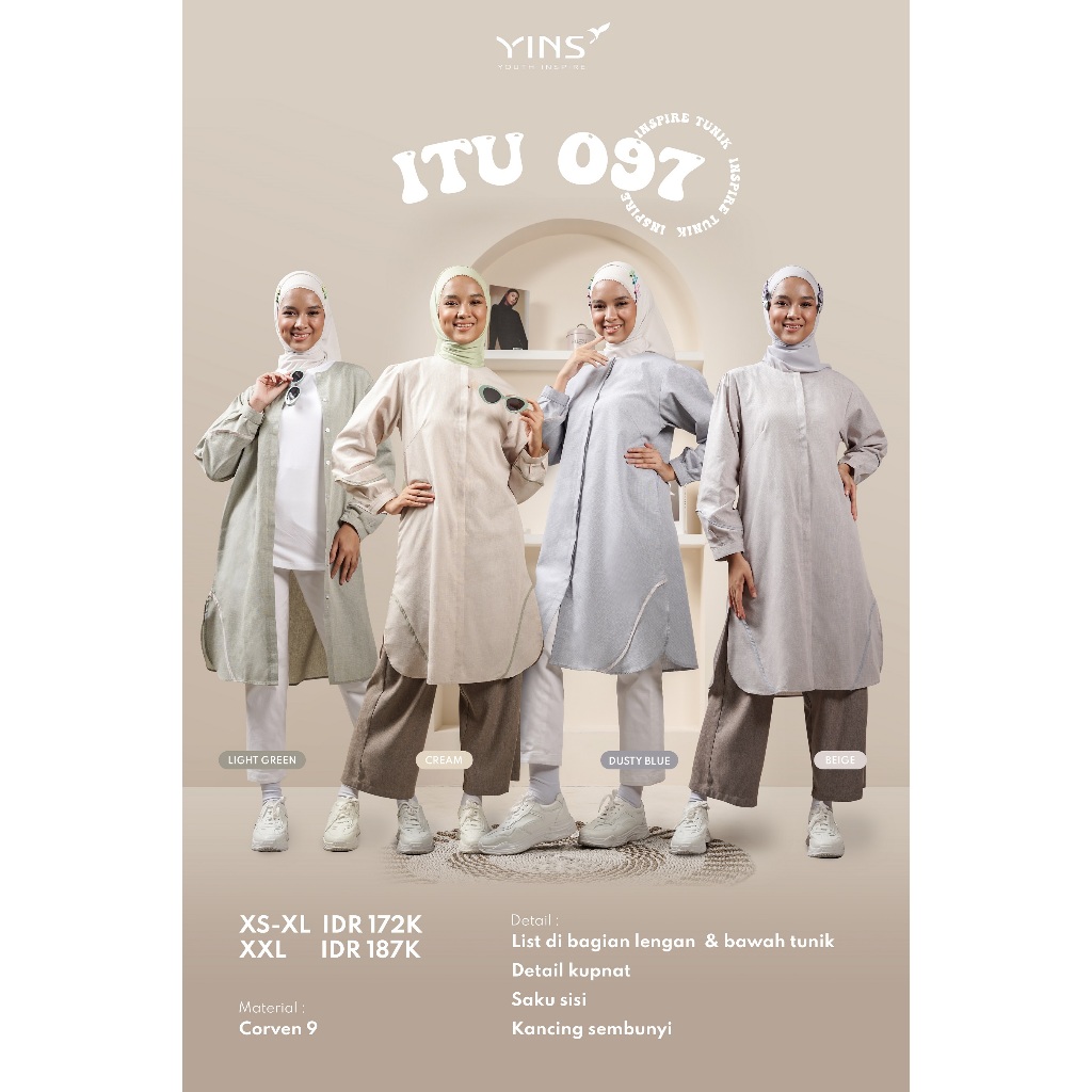 YINS-ITU 097 Blue-Cream-Light Green-Taupe Corven Tunik Wanita Dewasa Simpel Variasi Baju Kemeja Musl