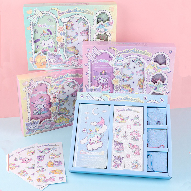 

Sanrio Character Note, Sticker, Key Chain Gift Set | size 28x21x3,5cm | my melody cinnamoroll pochacco kuromi | stiker buku gantungan kunci box