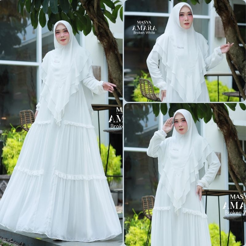Set Gamis Dress Ceruty Babydoll Syari Branded Warna Putih  - Putih Tulang - Broken White Mewah Masya