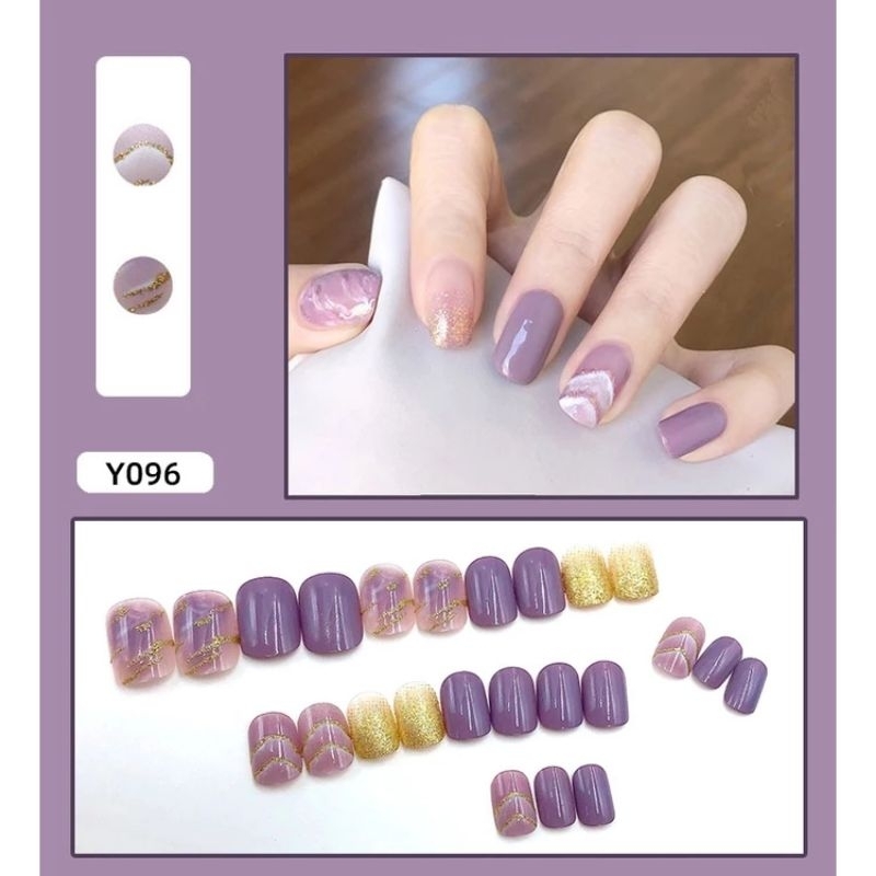 Y096 Kuku Palsu Nail Art Isi 24 Pcs Warna Ungu Gold