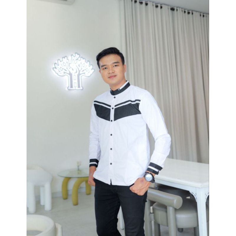 Baju Koko Warna Putih Kemeja Pria Lengan Panjang Elrumi Motif Panahan Terbaru Bahan Toyobo Import