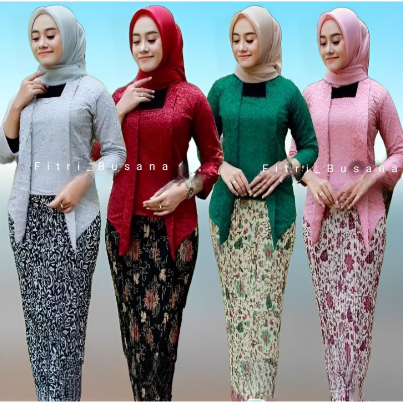 Set Kebaya Kutubaru Brokat Modern Atasan Kebaya Kondangan Wanita Kekinian Lengan 7/8