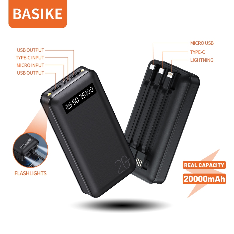 BASIKE Powerbank 20000 mAh Fast Charging with Flashlights Kabel Data Type C Lightning Micro USB
