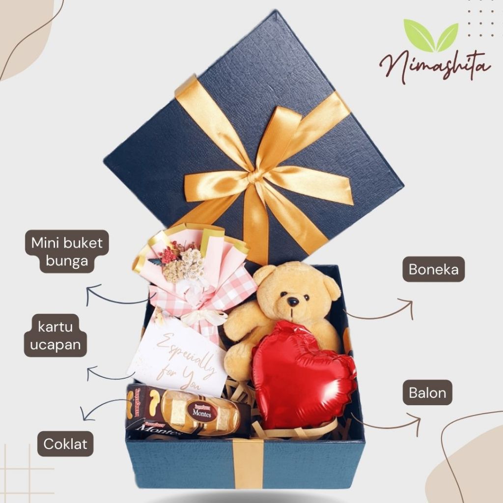 

Kado Ulang Tahun / Kado Anniversary/ Hampers Bunga boneka/Hadiah Ultah/Hadiah Wisuda/Hampers Lebaran - Nimashita Gift