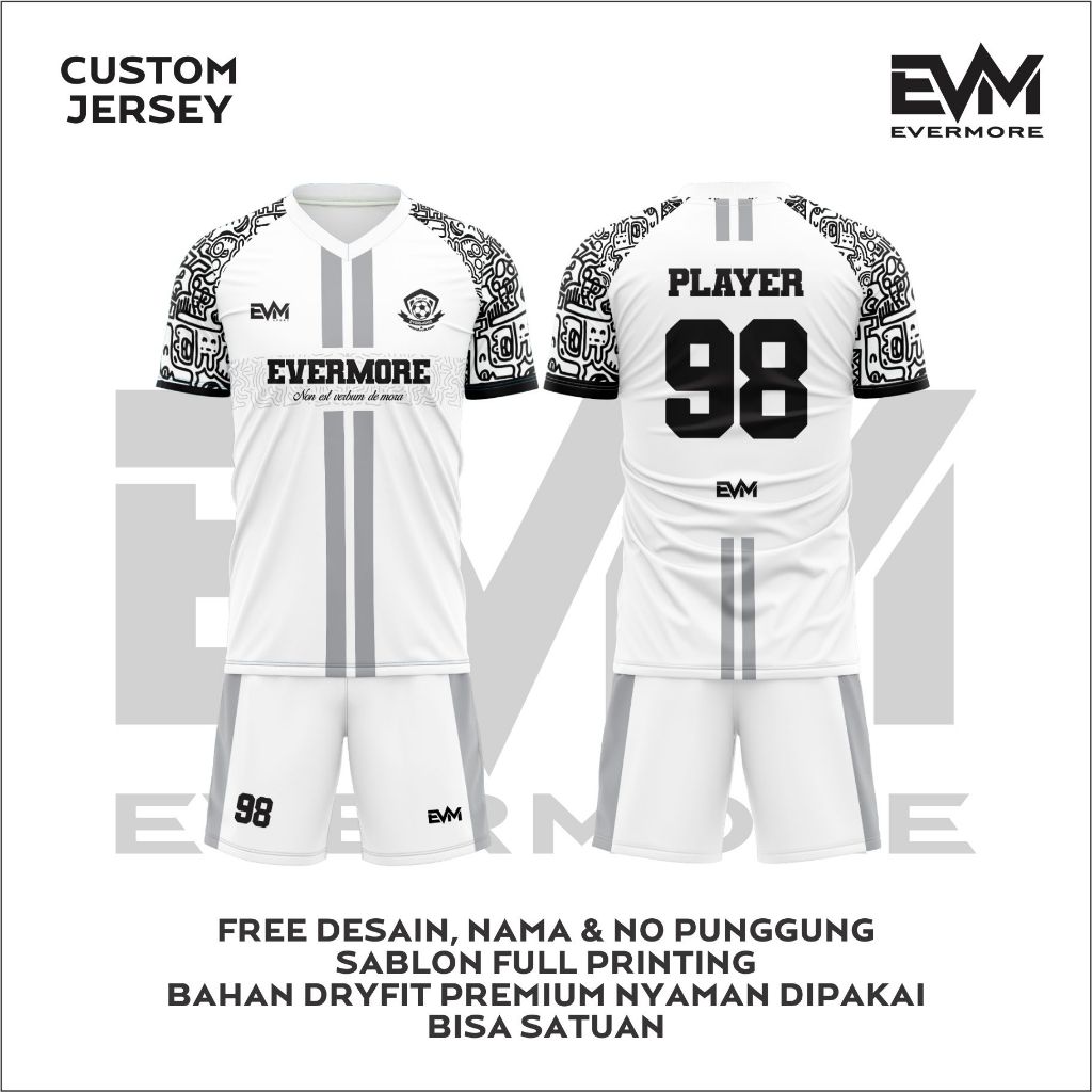 Jersey WHITE DOODLE Putih Hitam Full Printing Premium Dryfit Evermore Sportwear