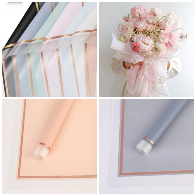

Kertas Buket Transparan Per 5 Lembar dan 20 Lembar Transparent FRAME GOLD LINE FLOWER WRAPPING CELLOPHANE WATERPRTOFF
