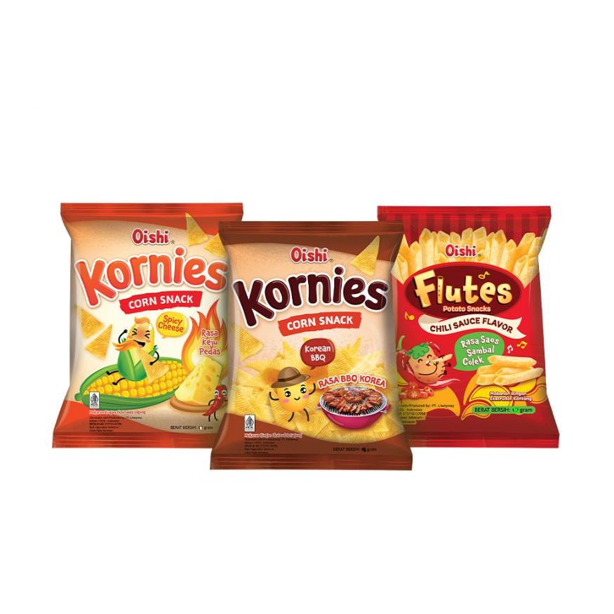 Oishi Kentang Flutes Potato Snacks CHILI SAUCE FLAVOR Rasa Saos Sambal Colek, Kornies Corn Snack Cik
