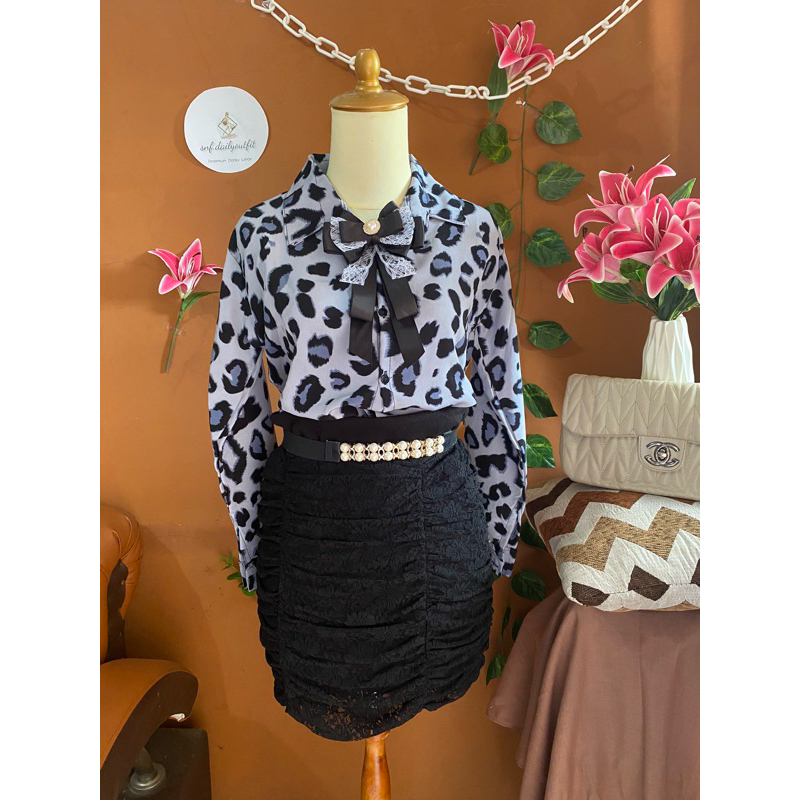 ATASAN KEMEJA BLOUSE TUNIK NAVY BLUE MOTIF LEOPARD