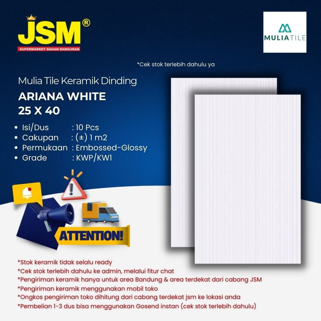 Mulia Tile Keramik Dinding Ariana White / Putih Glossy 25x40 - JSM Supermarket Bahan Bangunan