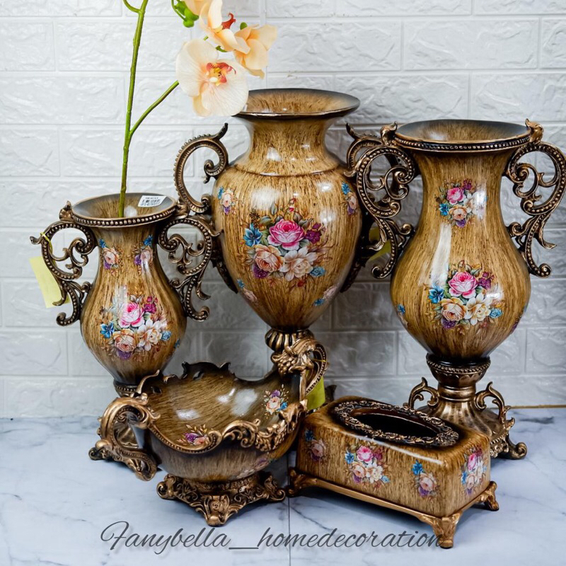 Vas Bunga Keramik Coklat Klasik Antik Guci Emas Motif Bunga Porselen Dekorasi Rumah Set | FANYBELLA