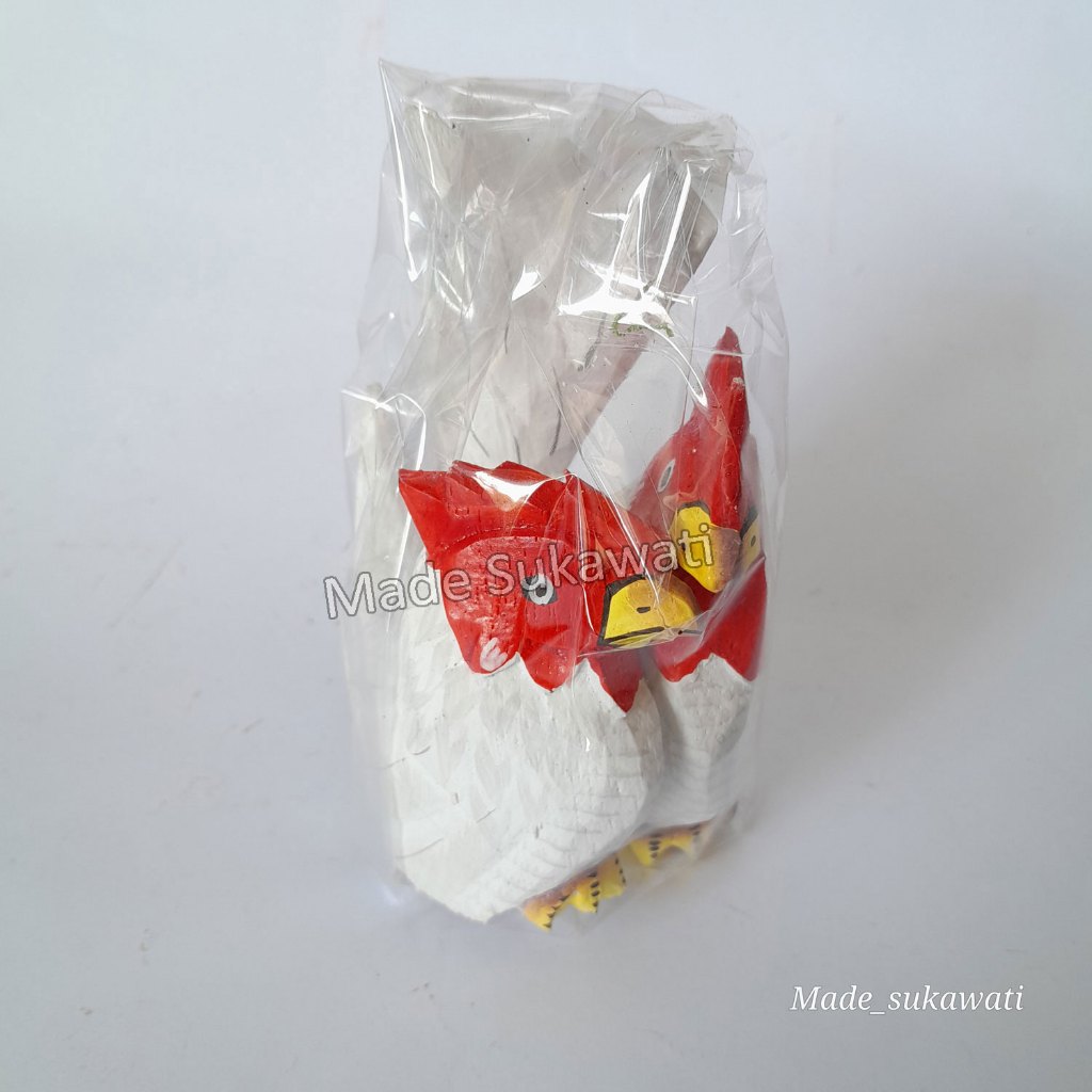 Patung Sepasang Ayam Jantan Betina Jongkok Mini Kerajinan Ukiran Kayu Lukis