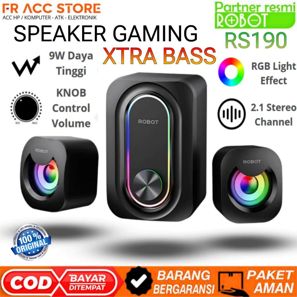 Speaker Gaming ROBOT RS190 2.1 Subwoofer RGB Led Speaker Extra Bass ORIGINAL ROBOT GARANSI RESMI