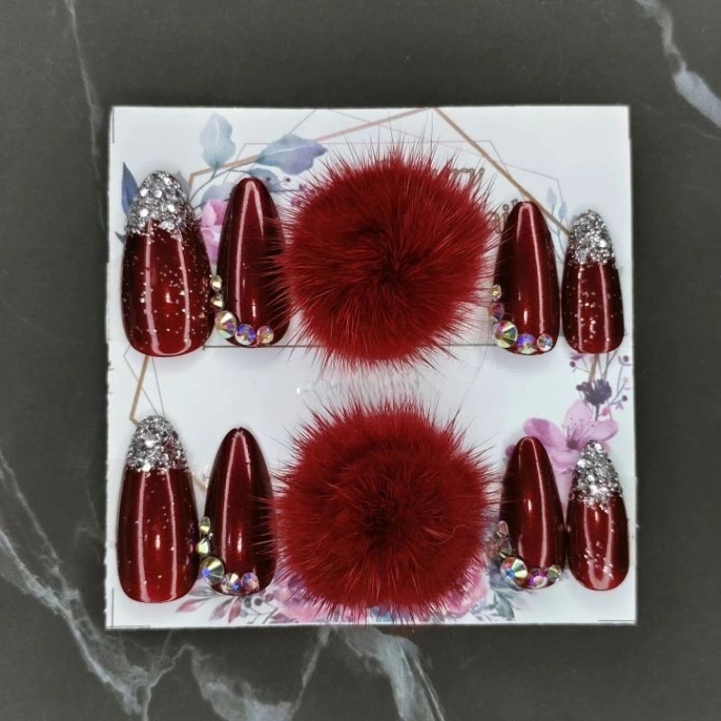 Kuku Palsu Pengantin/Nail Art/Kupal Pompom Bulu Bulu