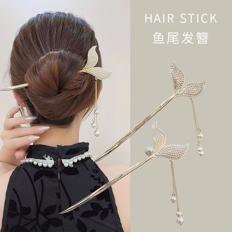Tusuk Konde Cepol Wanita Korea Motif Fishtail Juntai Mutiara
