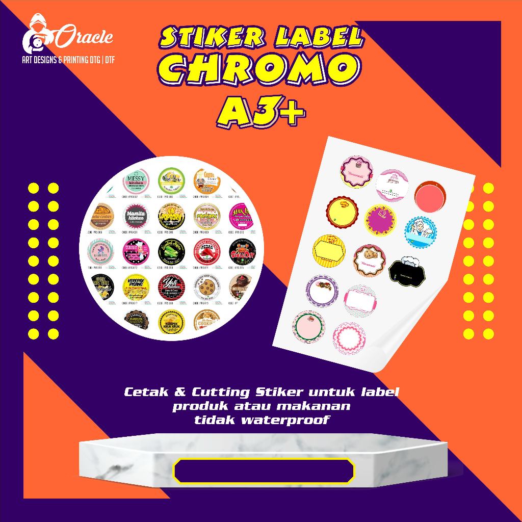 

Cetak Stiker Label Kemasan A3+ & KISS CUT Sesuai Pola Kraft, Chromo, Vinyl Putih, Vinyl Transparant
