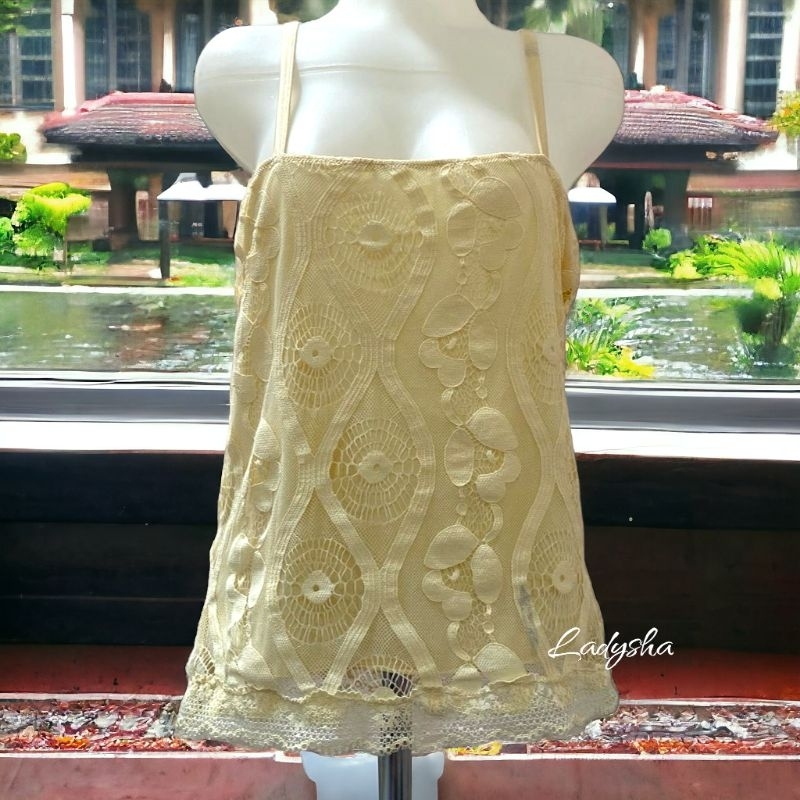Tanktop Lace Vintage Mustard Gold Tanktop Wanita Renda