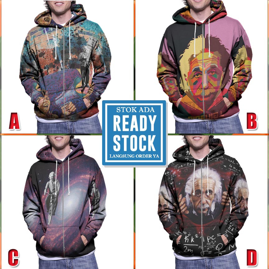 Jaket Hoodie Albert Einstein Hoodie Ritsleting Bahan Polyester Jersey [New Zipper Hoodie FullPrint]