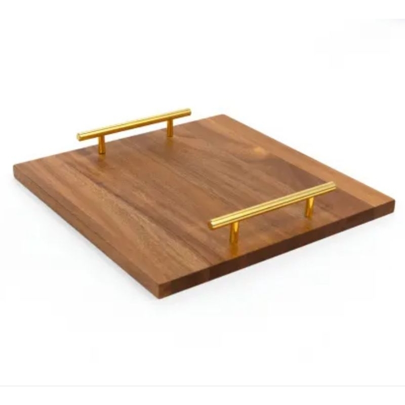 [PREMIUM ACCACIA WOODEN TRAY] Nampan saji kotak bulat kayu gagang gold korean aesthetic