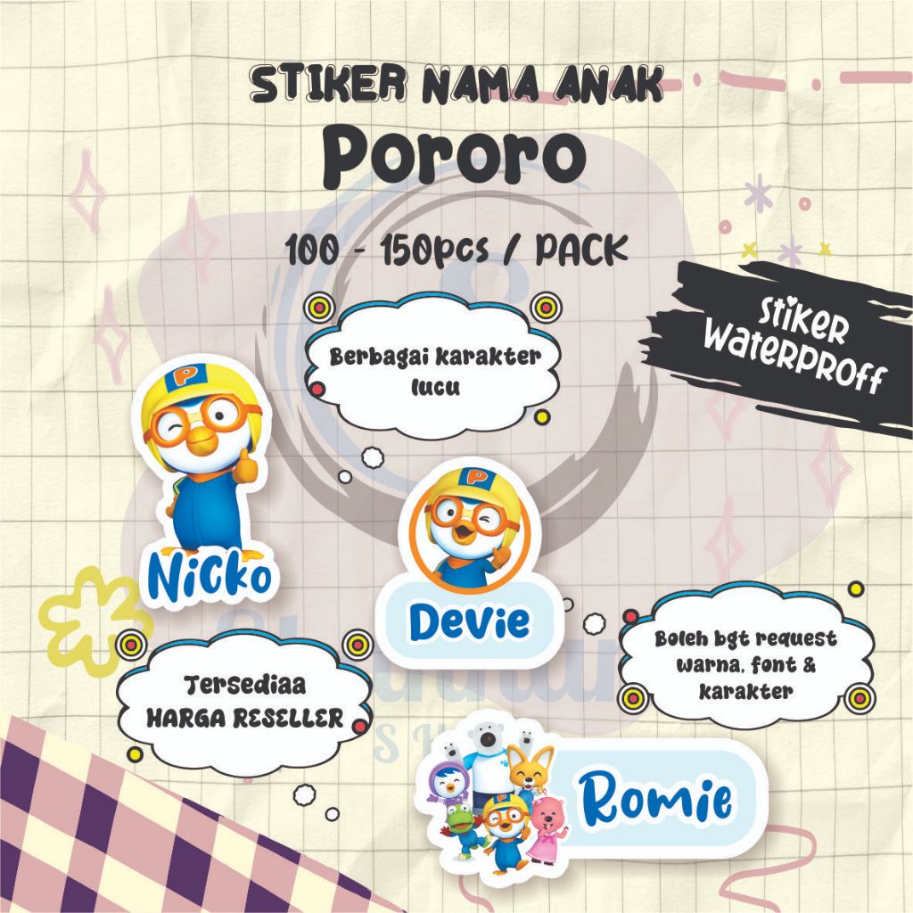 

( 100-150pcs) Stiker Nama TEMA PORORO / Stiker Tumbler / Stiker Barang / Stiker Efek Hologram