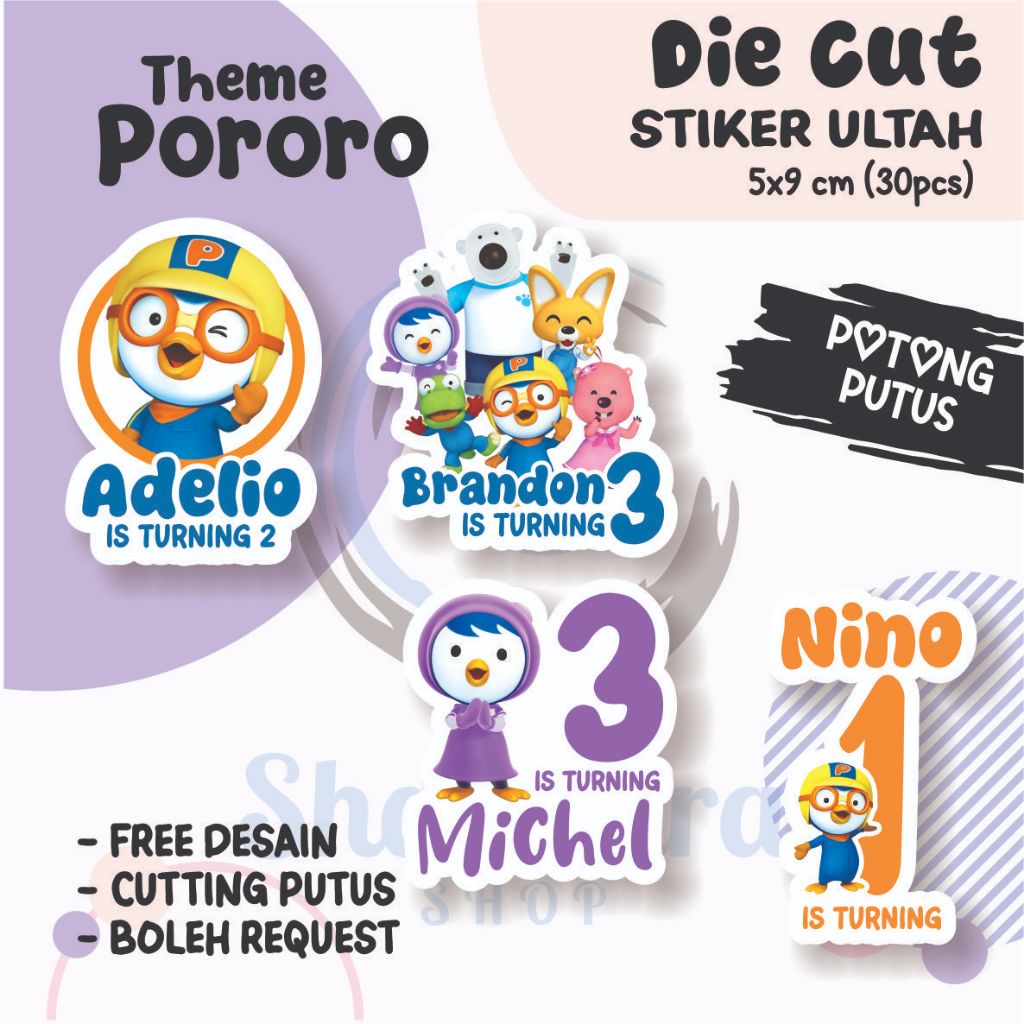 

( 30 PCS ) Stiker Ulang Tahun Anak THEME PORORO / Stiker Ulang Tahun DIE CUT / Stiker Ulang Tahun Custom / Stiker Ultah Waterproff / Stiker Efek Hologram