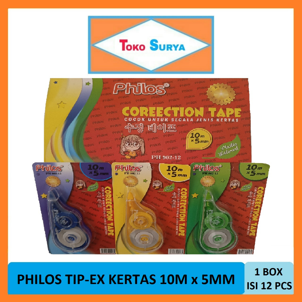

Tipex Kertas / Correction Tape / Tipe X Philos PH 902-12 1 Box Isi 12 Pcs