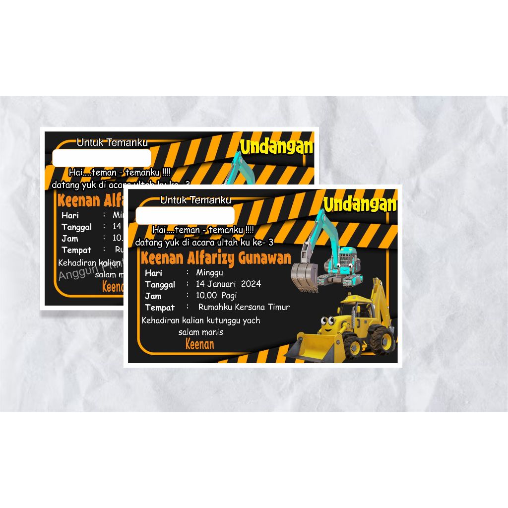 UNDANGAN ULTAH ANAK UNIK/UNDANGAN ULTAH EXSAVATOR