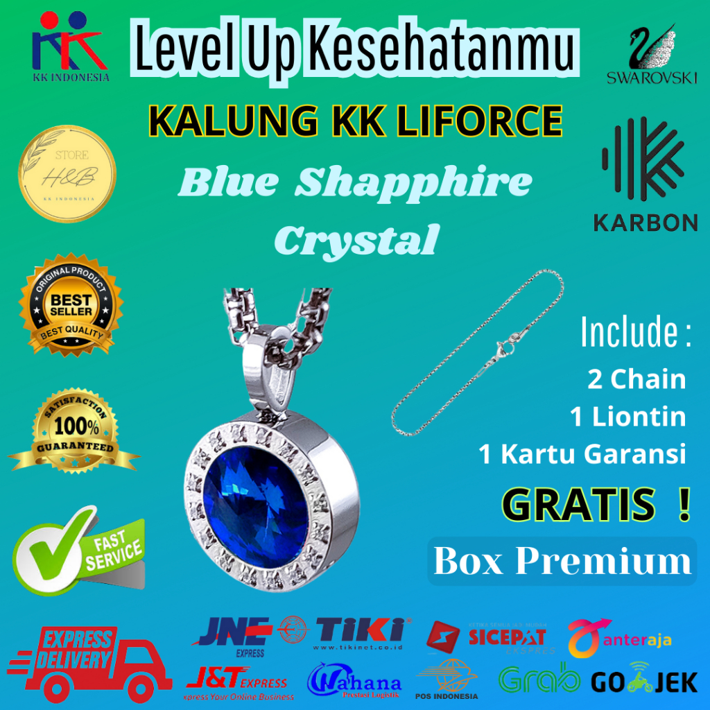 BLUE SAPPHIRE CRYSTAL KK LIFORCE KALUNG KESEHATAN MODEL CANTIK WARNA BIRU ORIGINAL MADE IN USA ANTI 