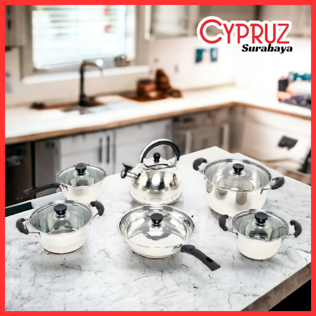 cypruz cookware set 12 pcs PI-0446 fry pan wajan panci sauce pan teko stainless tebel