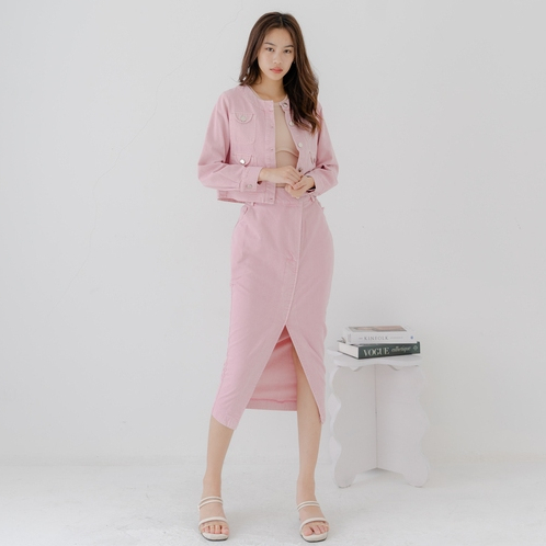 STYLE BUTIK Liz Midi Denim Asymmetrical Skirt I Y2K Rok Denim Pink