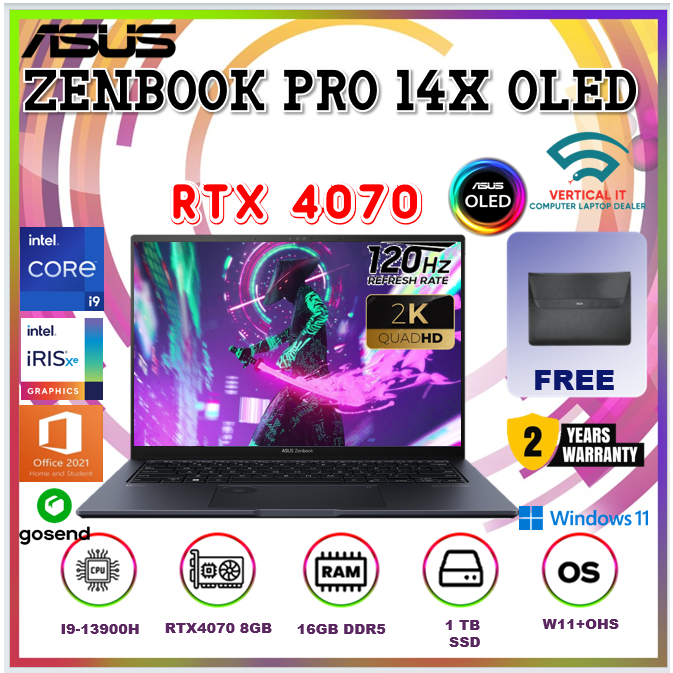 LAPTOP ASUS ZENBOOK PRO 14X OLED UX6404VI INTEL CORE I9 13900H RTX4070 8GB/ 16GB 1TB W11+OHS 14.5 2.8K 120HZ BLK OLEDS911