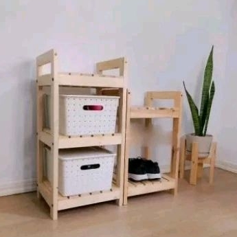 Rak serbaguna 3 susun, kayu asli, rak dispenser