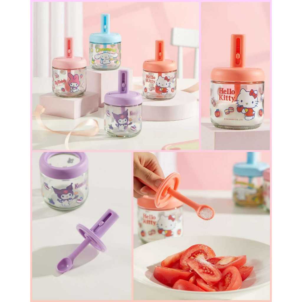 toples tempat bumbu kaca dengan sendok plastik