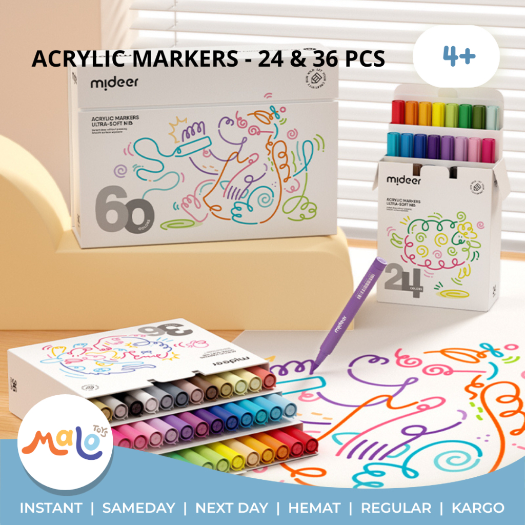 

MALOTOYS - Mideer Acrylic Marker Spidol Akrilik Lembut Ultra Soft Nib 24 36 pcs Warna Colors Spidol Mewarnai Menggambar Kesenian Nontoxic Mainan Anak Prakarya Color Malo Toys