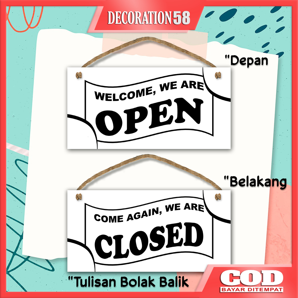 Walldecor Hiasan Dinding Gantungan Pintu Rumah / Toko Tulisan Open Close Bolak Balik Poster Kayu Tul