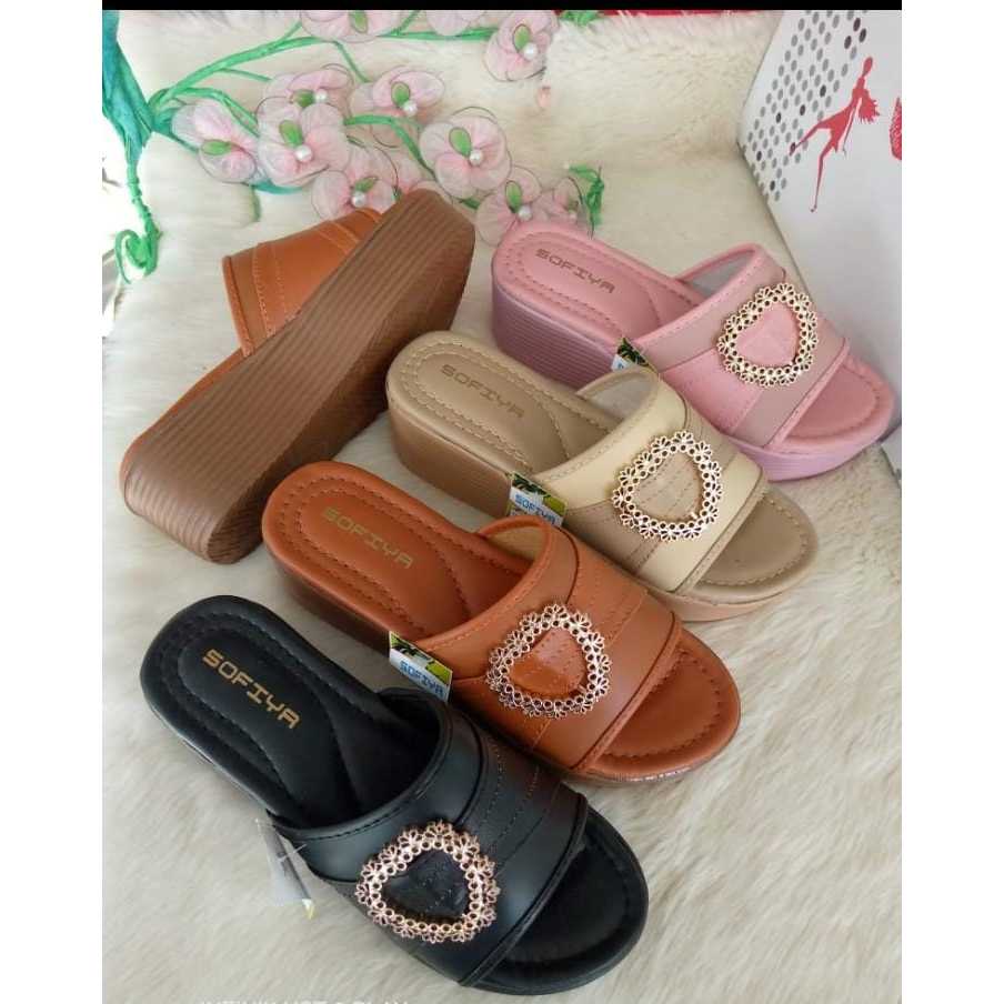 Sofiya - Sandal Wedges Wanita Bahan Kulit Hak Tinggi Ornamen Gold Silver Love