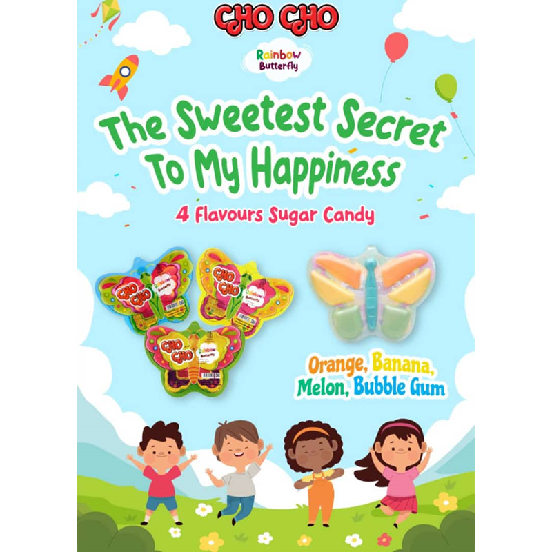 

Cho Cho Butterfly Chocolate dengan kombinasi rasa bubble gum, jeruk, pisang, melon (1 BOX = 12 PCS)