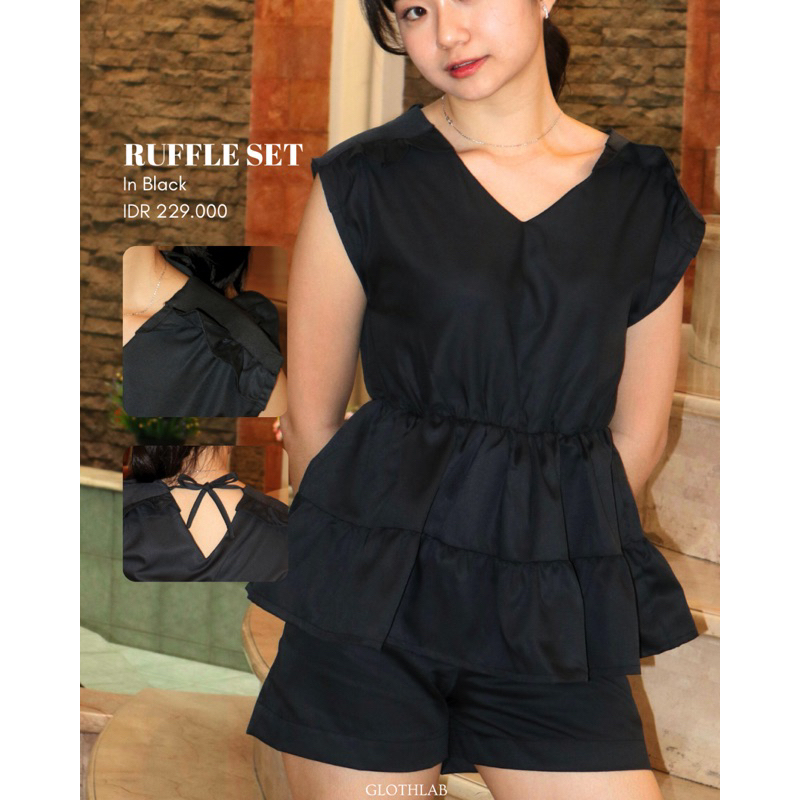 RUFFLE SET / ATASAN RUFFLE WANITA / SET RUFFLE / SET WANITA / PAKAIAN WANITA / ONE SET WANITA / BLAC