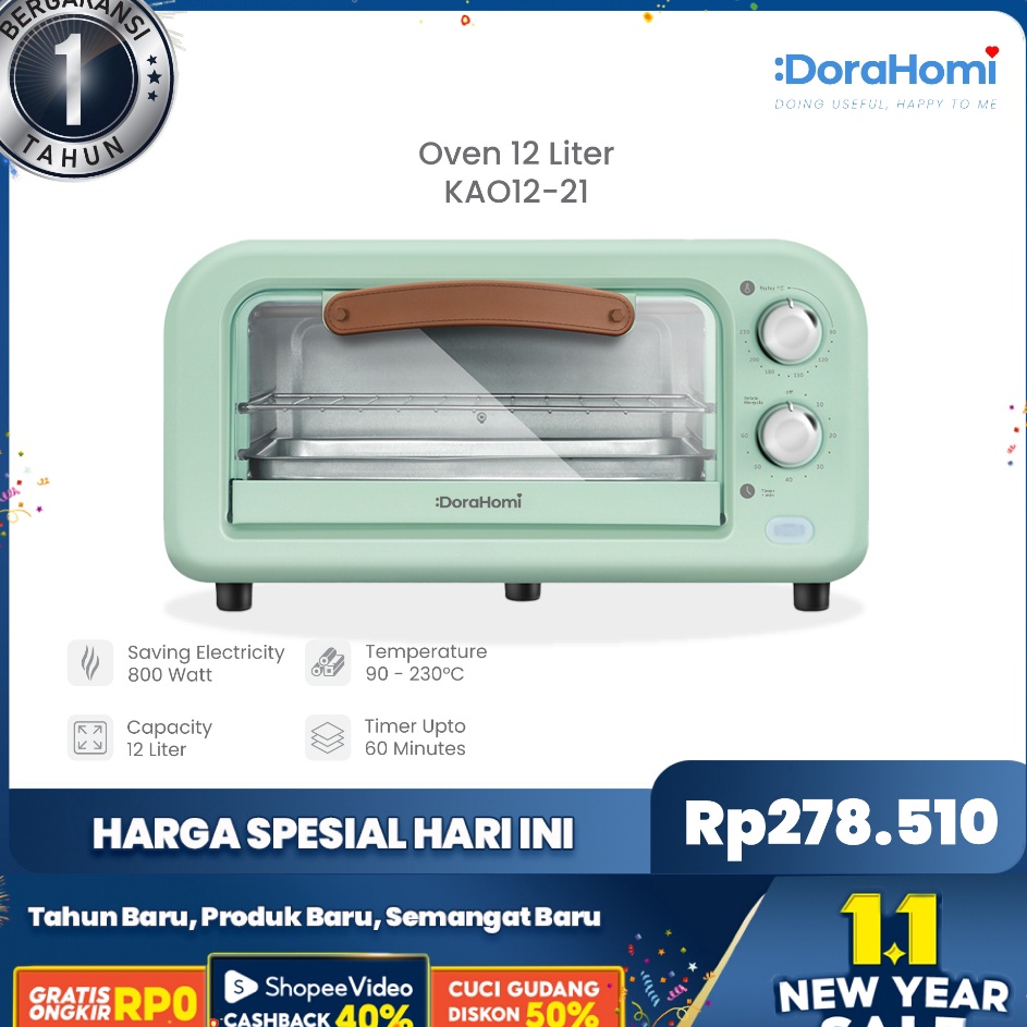 DoraHomi Oven Listrik Low Watt Electric Open Pemanggang Kue alat panggang Serbaguna 12 Liter 8 W